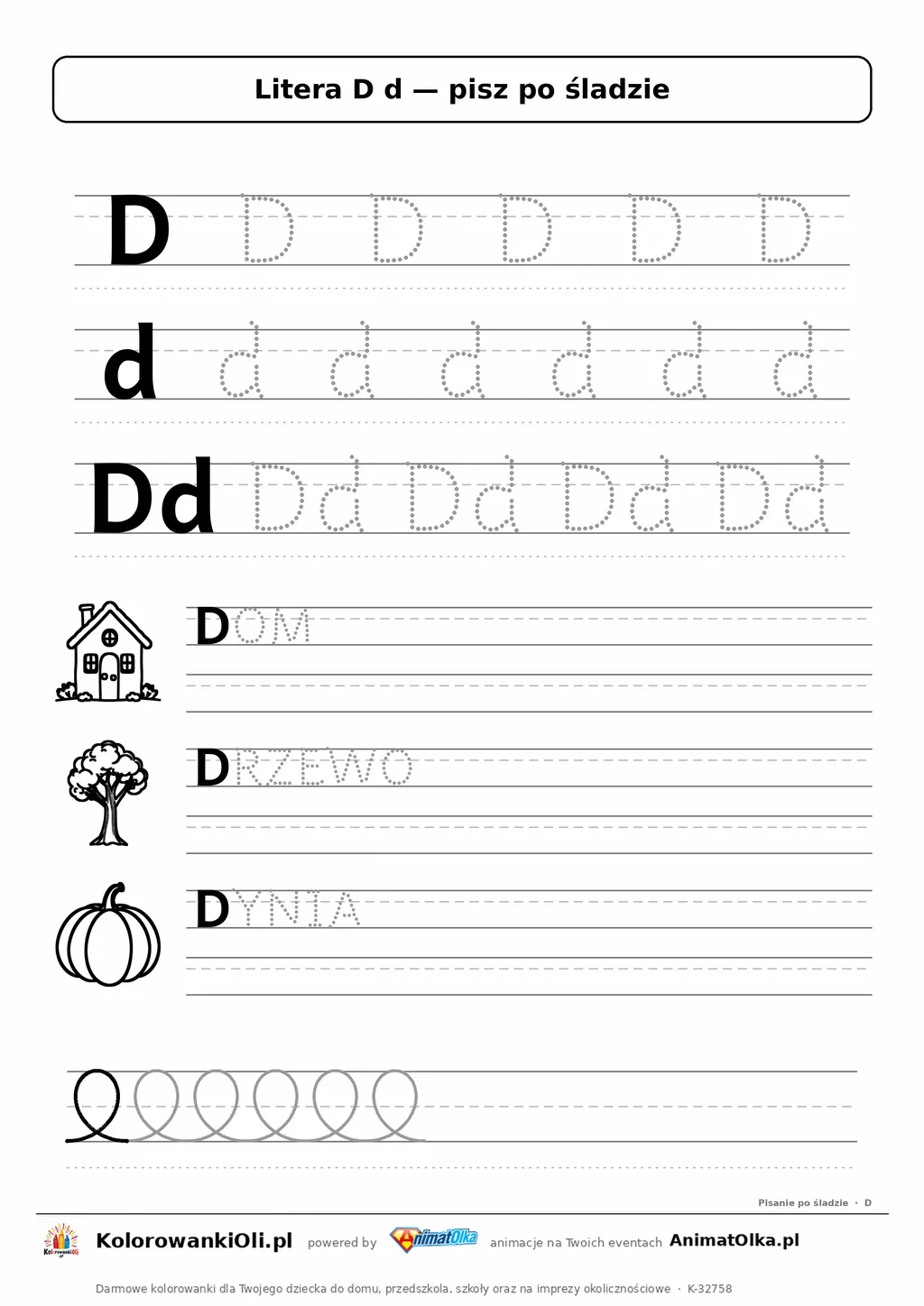Litera D d po śladzie — karta do druku: kropkowane litery w liniaturze, wyrazy DOM, DRZEWO, DYNIA z obrazkami