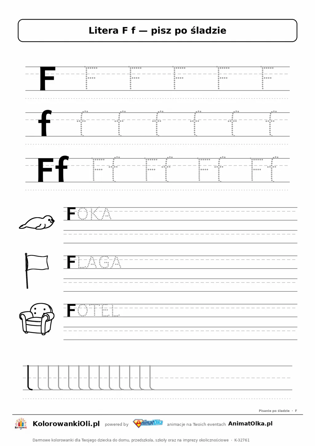 Litera F f po śladzie — karta do druku: kropkowane litery w liniaturze, wyrazy FOKA, FLAGA, FOTEL z obrazkami