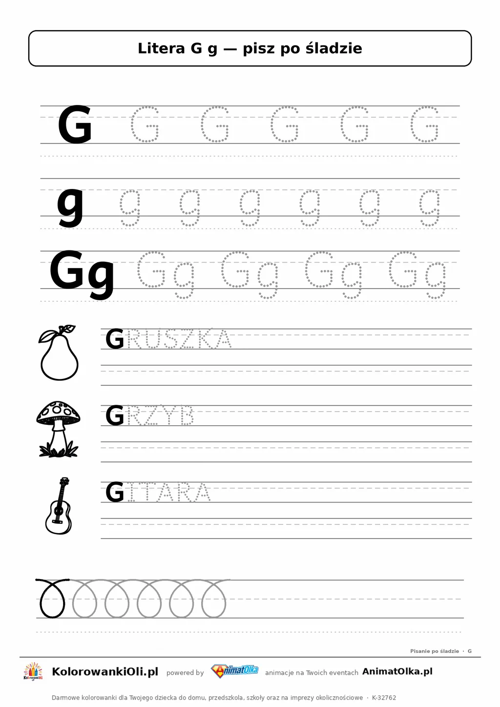 Litera G g po śladzie — karta do druku: kropkowane litery w liniaturze, wyrazy GRUSZKA, GRZYB, GITARA z obrazkami