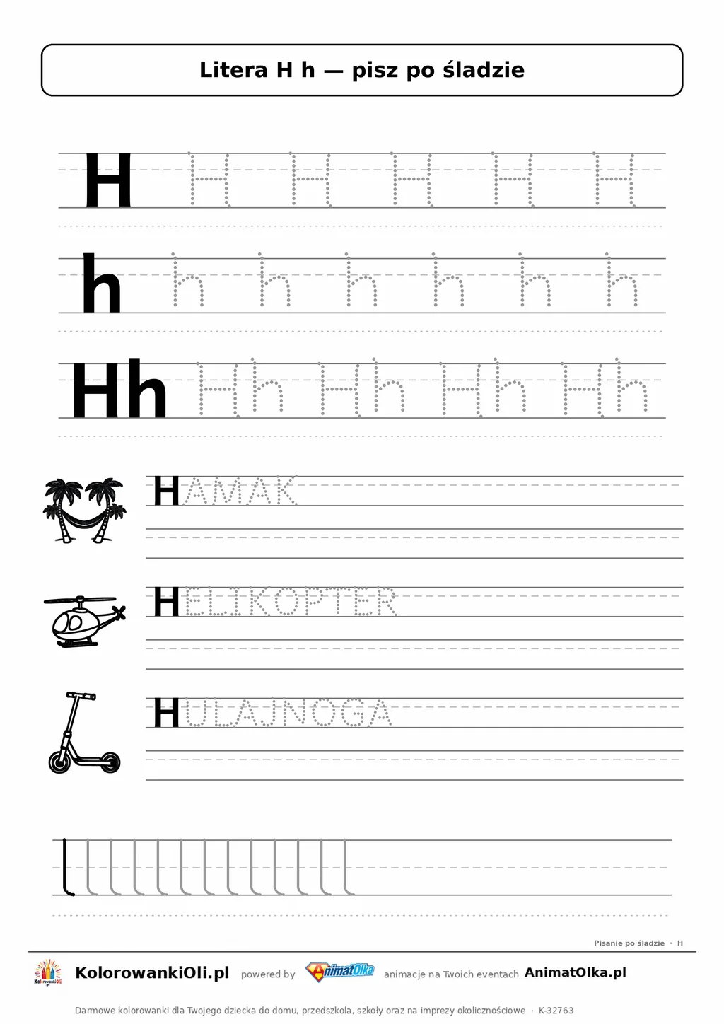 Litera H h po śladzie — karta do druku: kropkowane litery w liniaturze, wyrazy HAMAK, HELIKOPTER, HULAJNOGA z obrazkami
