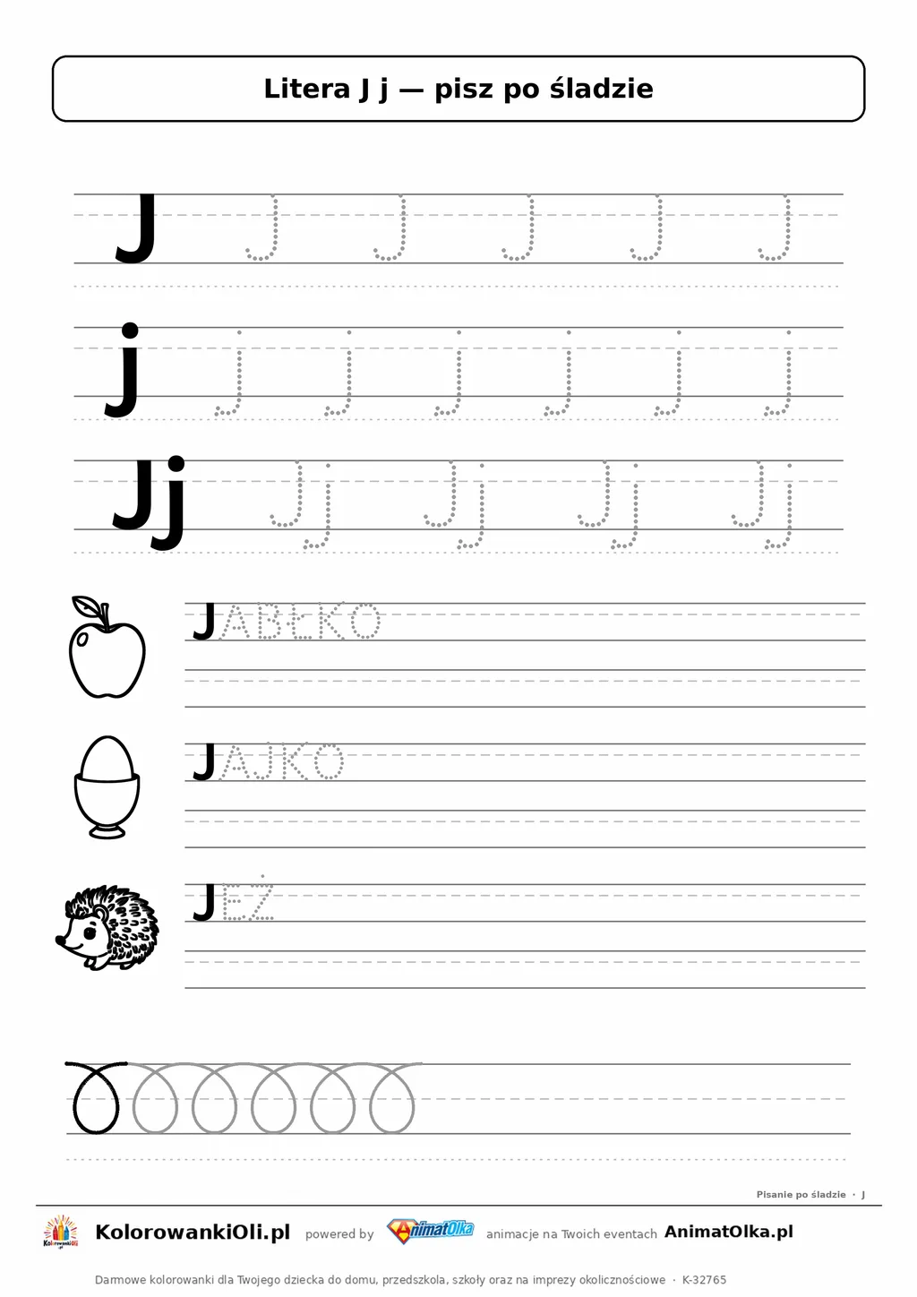 Litera J j po śladzie — karta do druku: kropkowane litery w liniaturze, wyrazy JABŁKO, JAJKO, JEŻ z obrazkami
