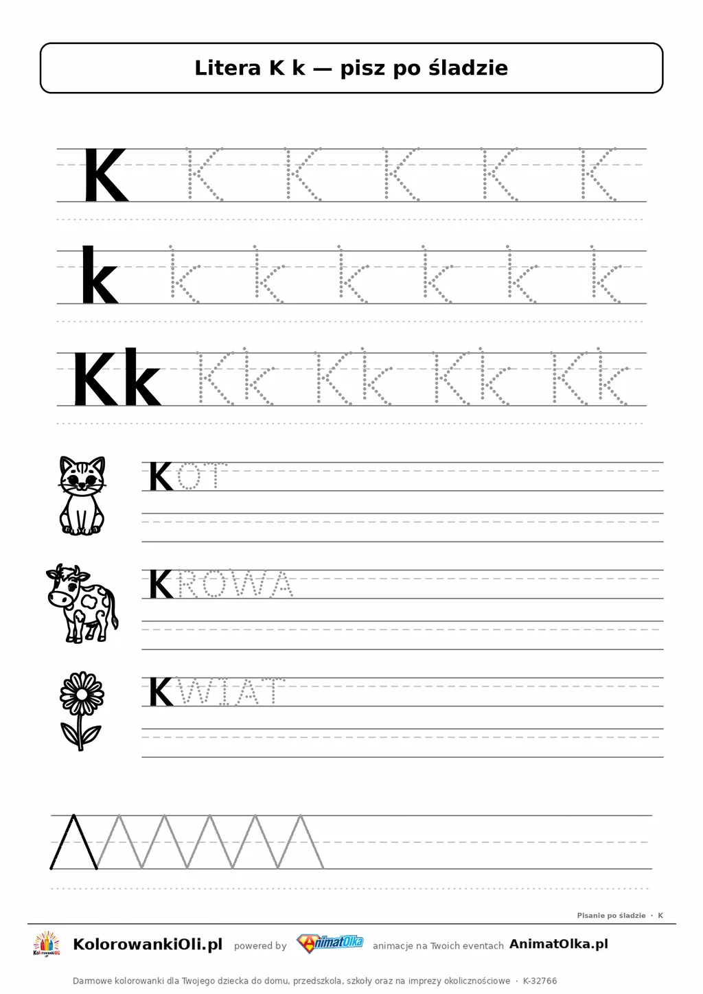 Litera K k po śladzie — karta do druku: kropkowane litery w liniaturze, wyrazy KOT, KROWA, KWIAT z obrazkami