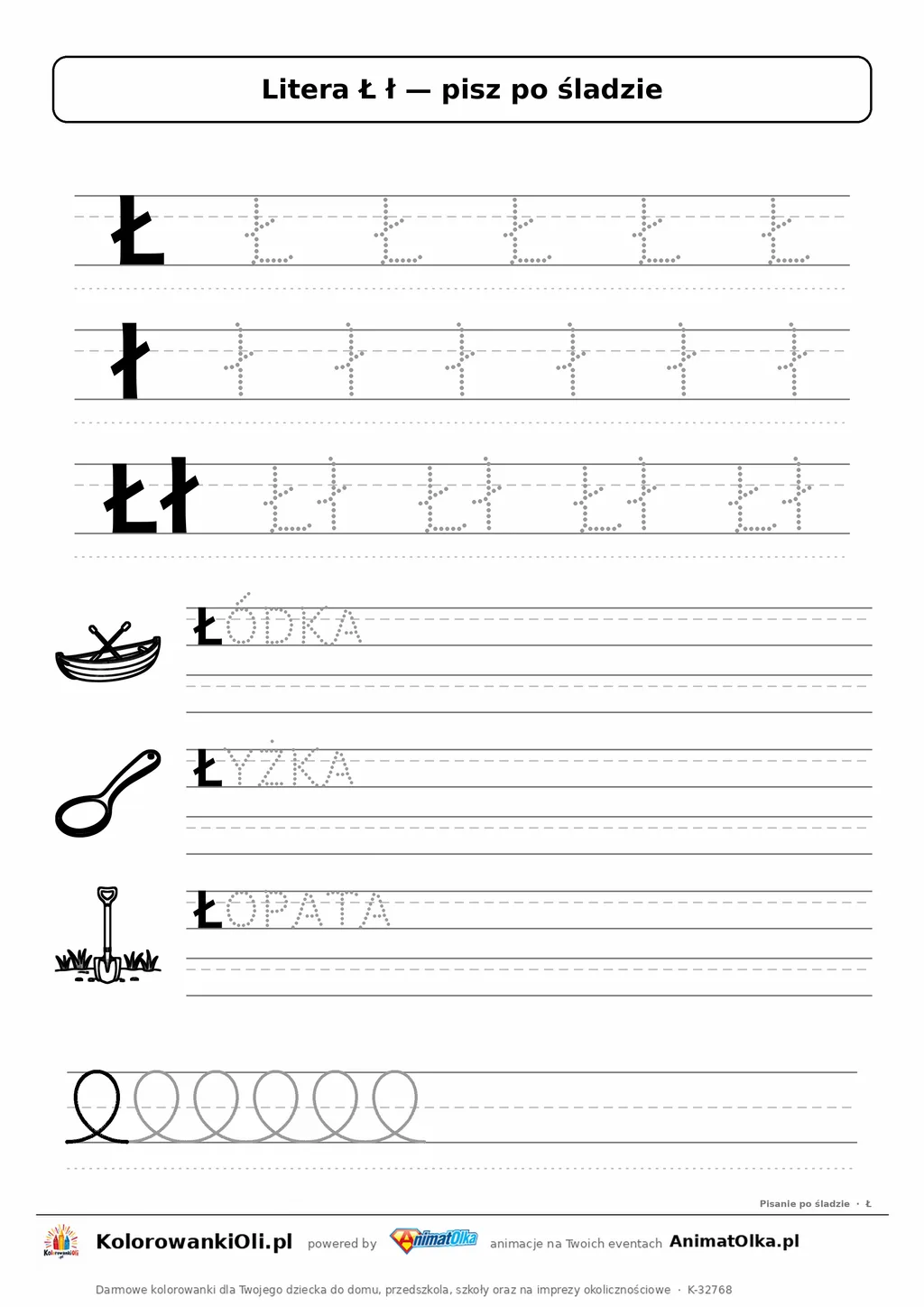Litera Ł ł po śladzie — karta do druku: kropkowane litery w liniaturze, wyrazy ŁÓDKA, ŁYŻKA, ŁOPATA z obrazkami