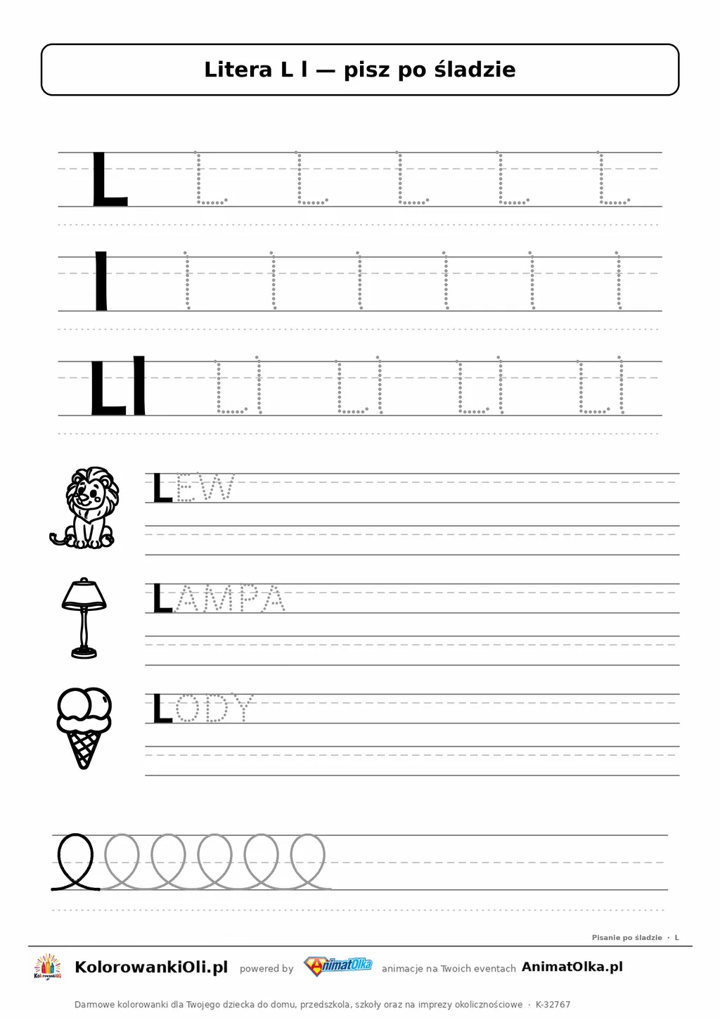 Litera L l po śladzie — karta do druku: kropkowane litery w liniaturze, wyrazy LEW, LAMPA, LODY z obrazkami