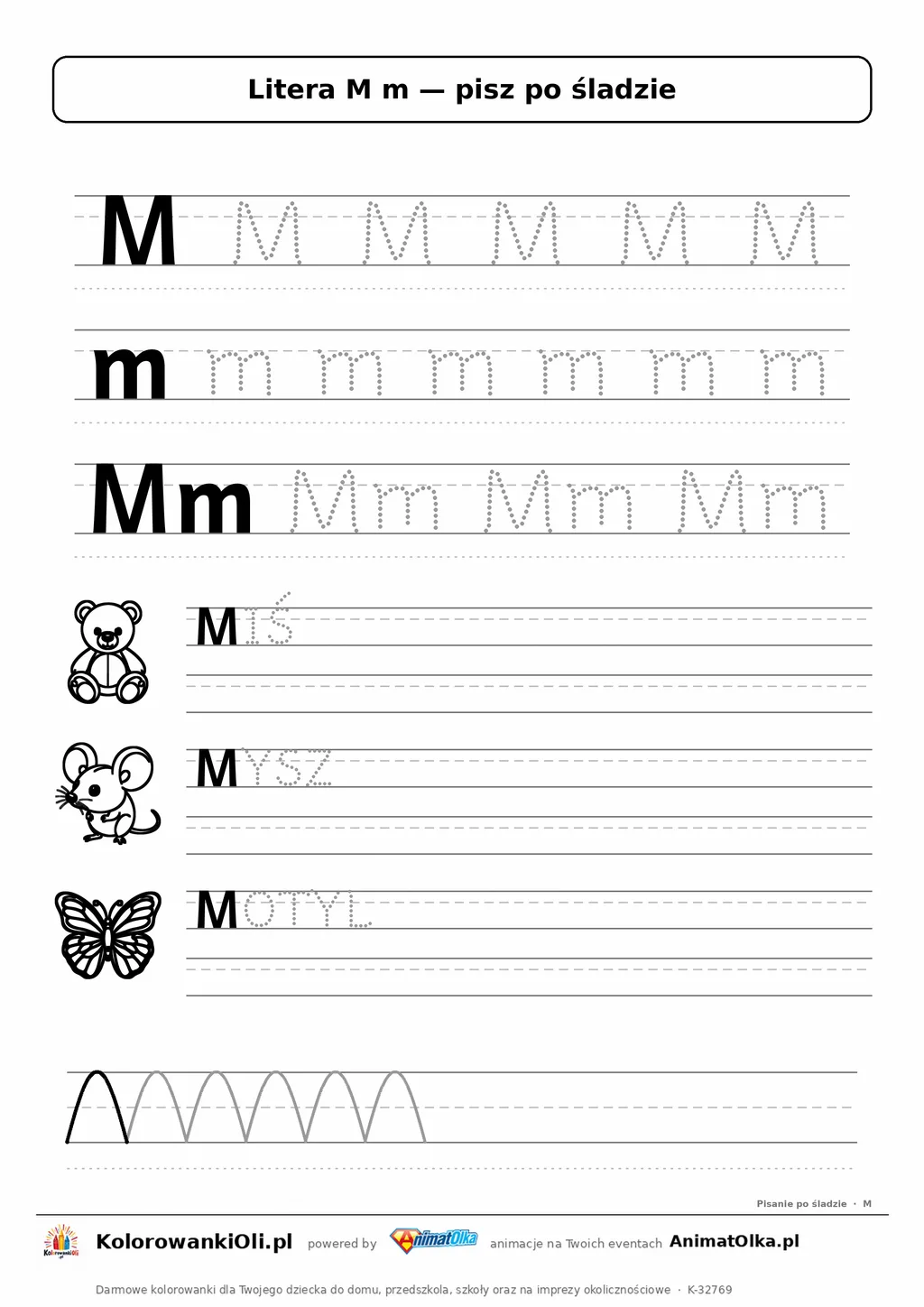 Litera M m po śladzie — karta do druku: kropkowane litery w liniaturze, wyrazy MIŚ, MYSZ, MOTYL z obrazkami