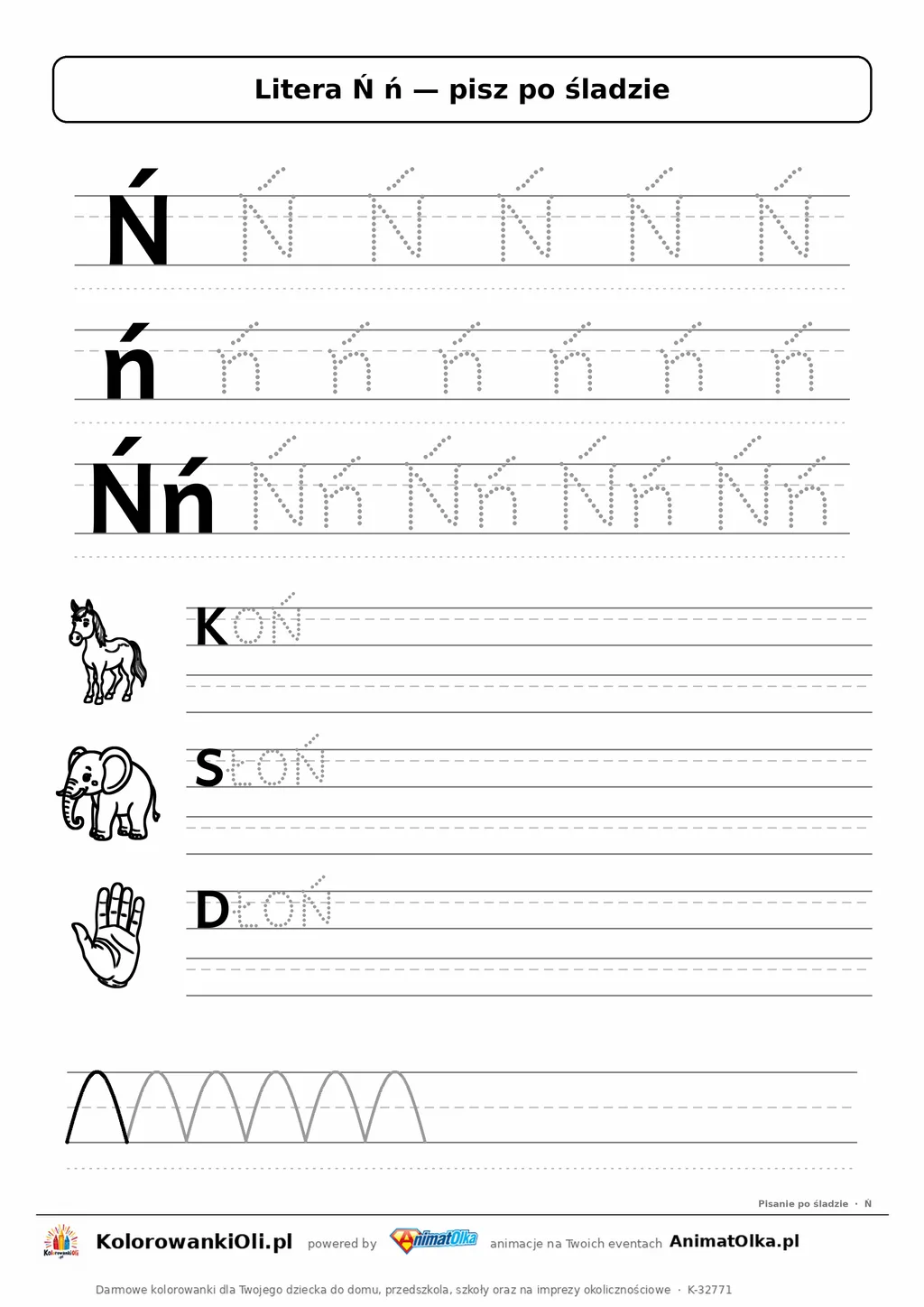 Litera Ń ń po śladzie — karta do druku: kropkowane litery w liniaturze, wyrazy KOŃ, SŁOŃ, DŁOŃ z obrazkami