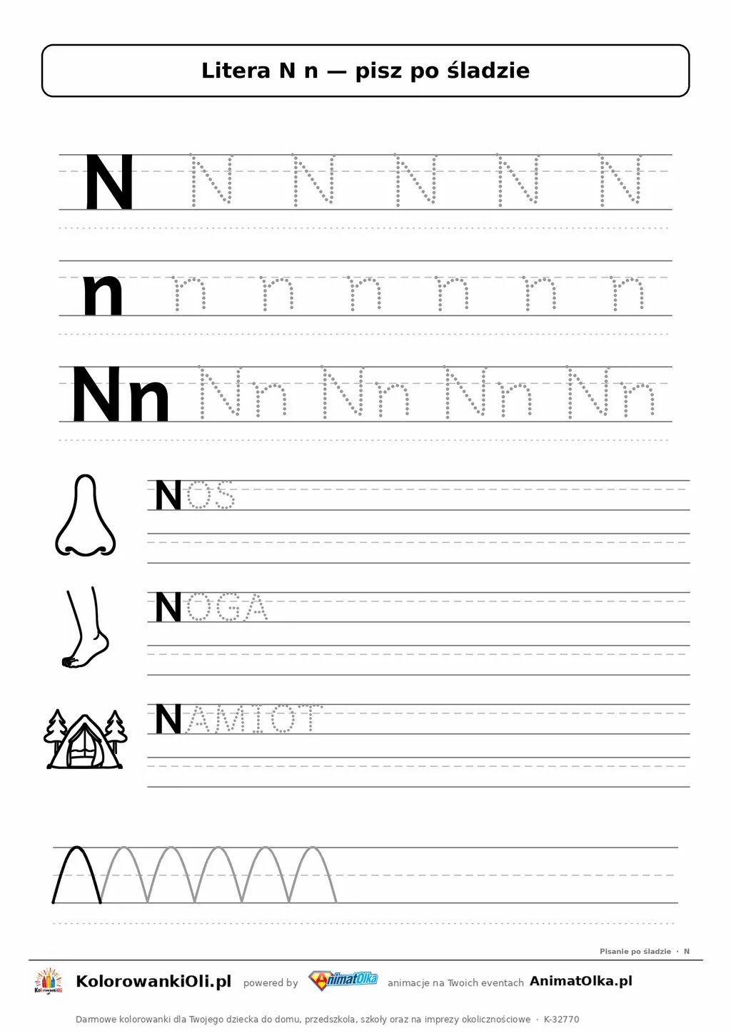 Litera N n po śladzie — karta do druku: kropkowane litery w liniaturze, wyrazy NOS, NOGA, NAMIOT z obrazkami