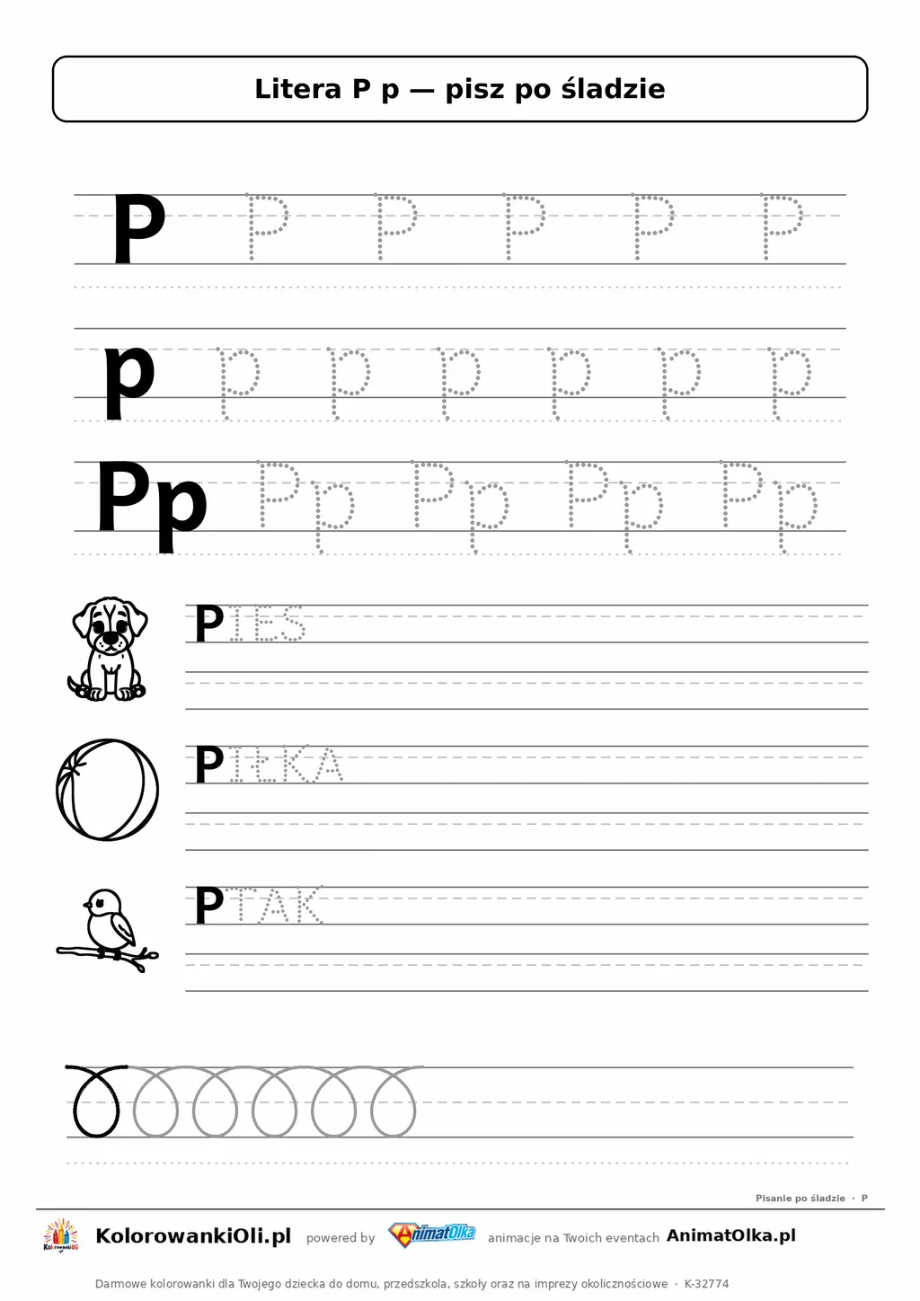 Litera P p po śladzie — karta do druku: kropkowane litery w liniaturze, wyrazy PIES, PIŁKA, PTAK z obrazkami