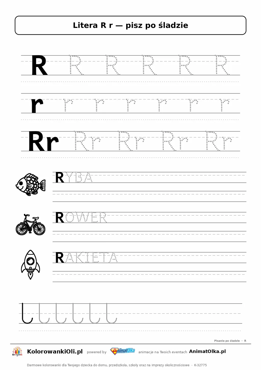 Litera R r po śladzie — karta do druku: kropkowane litery w liniaturze, wyrazy RYBA, ROWER, RAKIETA z obrazkami