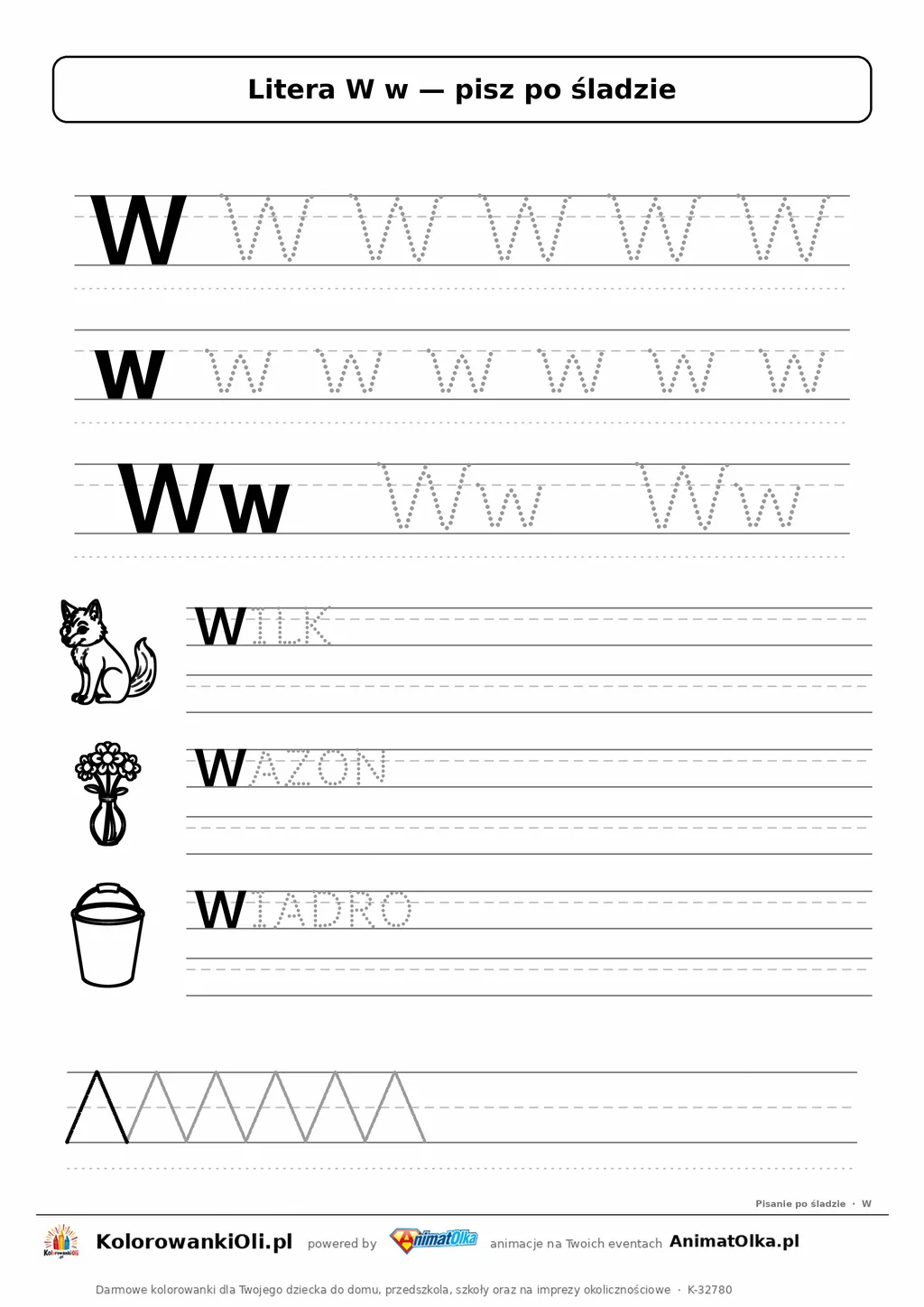 Litera W w po śladzie — karta do druku: kropkowane litery w liniaturze, wyrazy WILK, WAZON, WIADRO z obrazkami