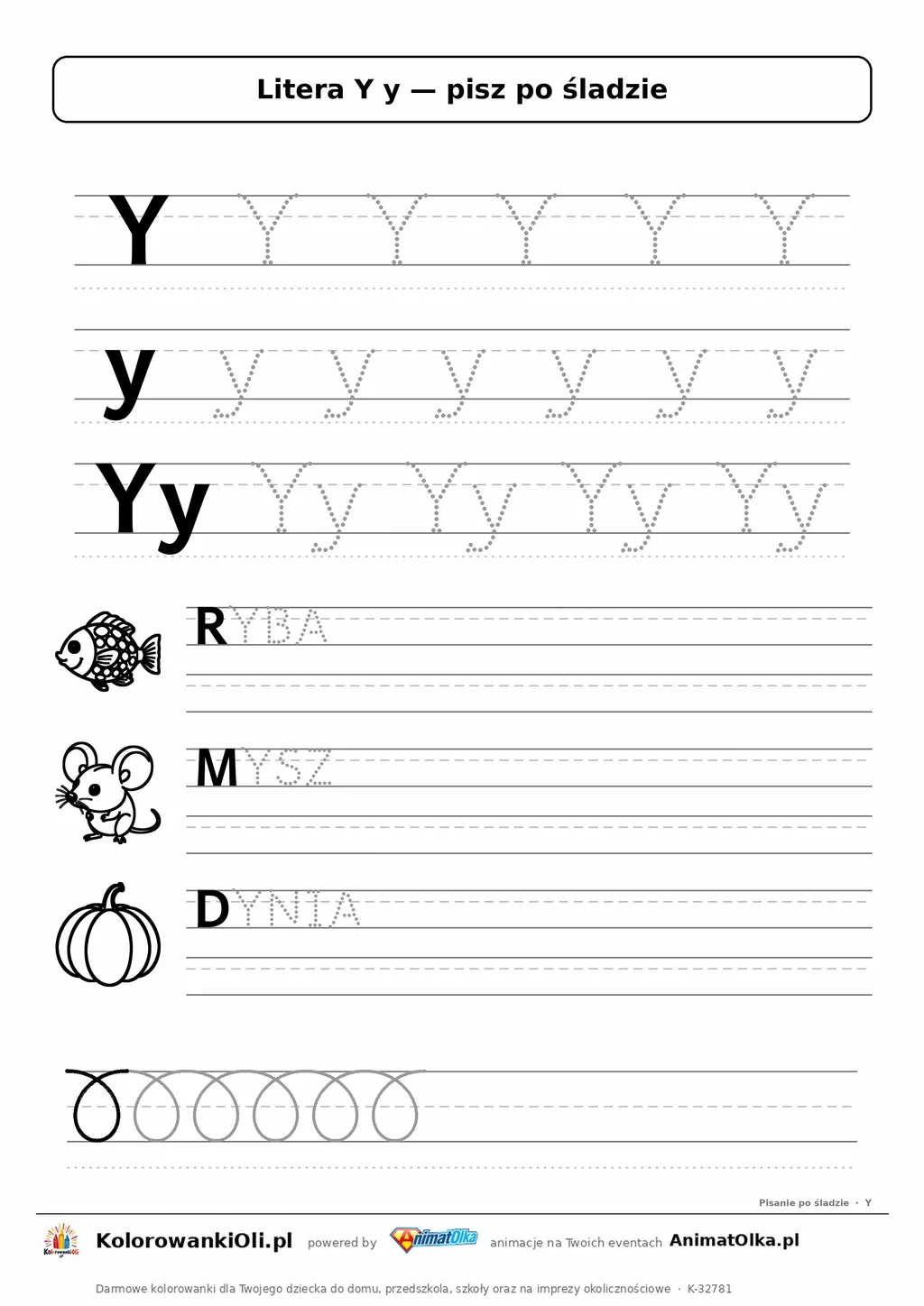 Litera Y y po śladzie — karta do druku: kropkowane litery w liniaturze, wyrazy RYBA, MYSZ, DYNIA z obrazkami
