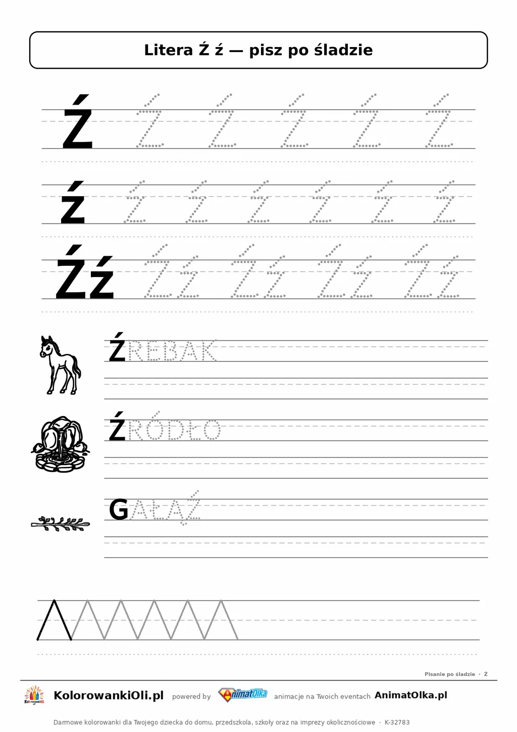 Litera Ź ź po śladzie — karta do druku: kropkowane litery w liniaturze, wyrazy ŹREBAK, ŹRÓDŁO, GAŁĄŹ z obrazkami