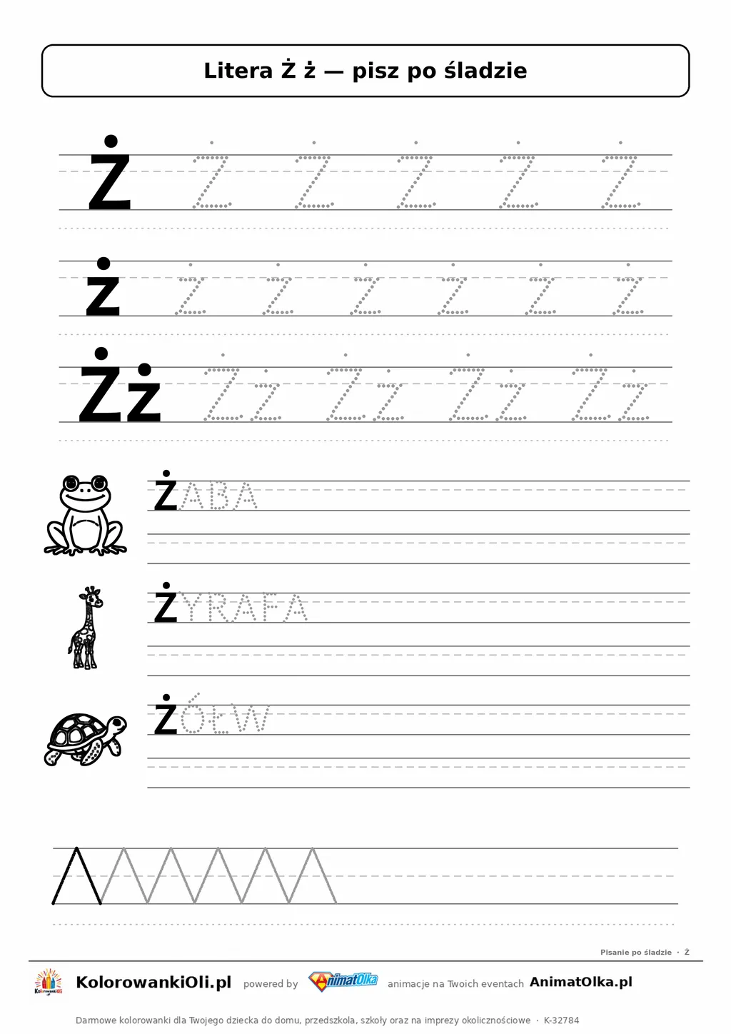 Litera Ż ż po śladzie — karta do druku: kropkowane litery w liniaturze, wyrazy ŻABA, ŻYRAFA, ŻÓŁW z obrazkami