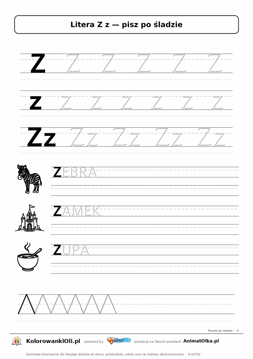 Litera Z z po śladzie — karta do druku: kropkowane litery w liniaturze, wyrazy ZEBRA, ZAMEK, ZUPA z obrazkami
