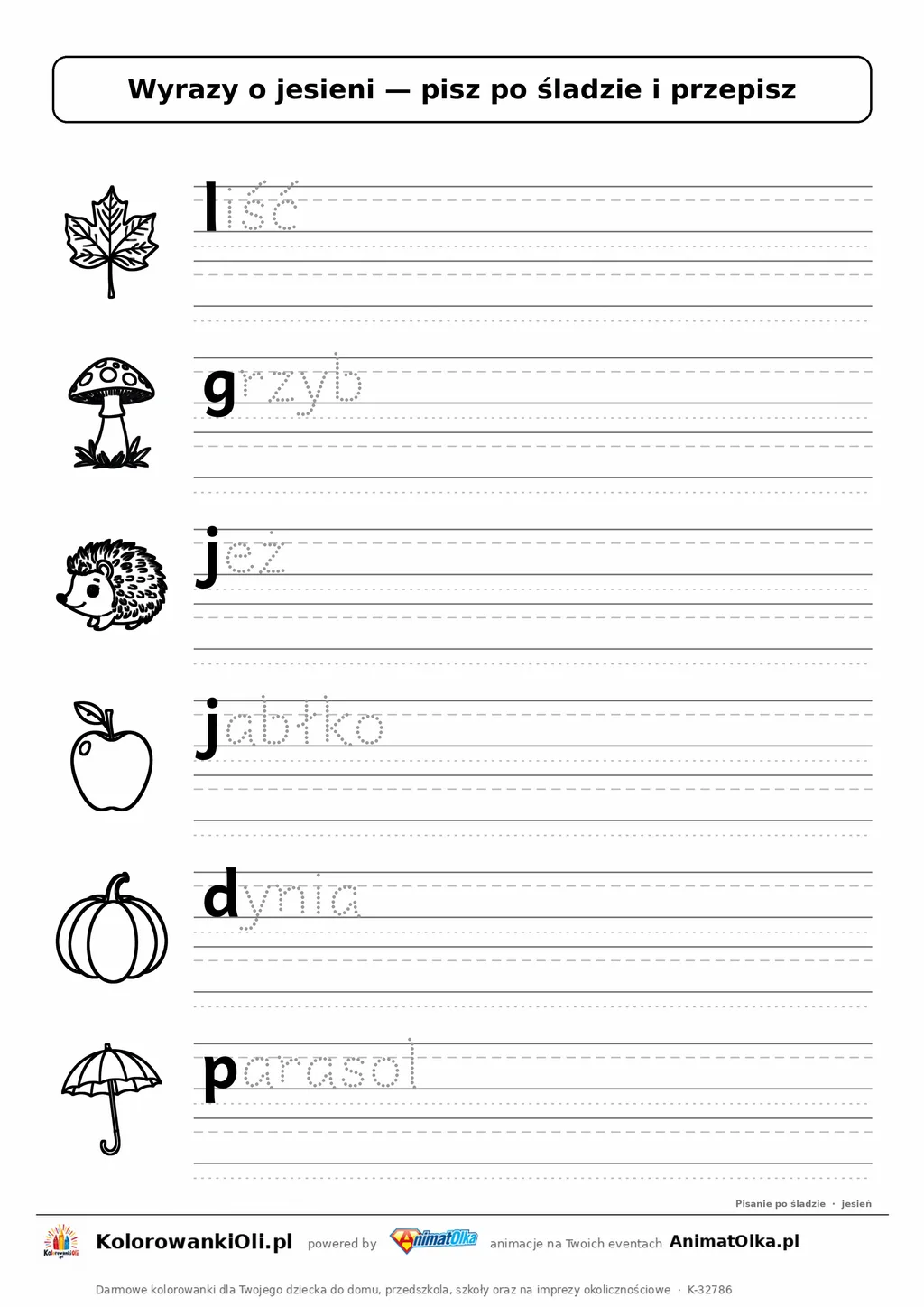 Wyrazy po śladzie małymi literami o jesieni: liść, grzyb, jeż — karta do druku z obrazkami