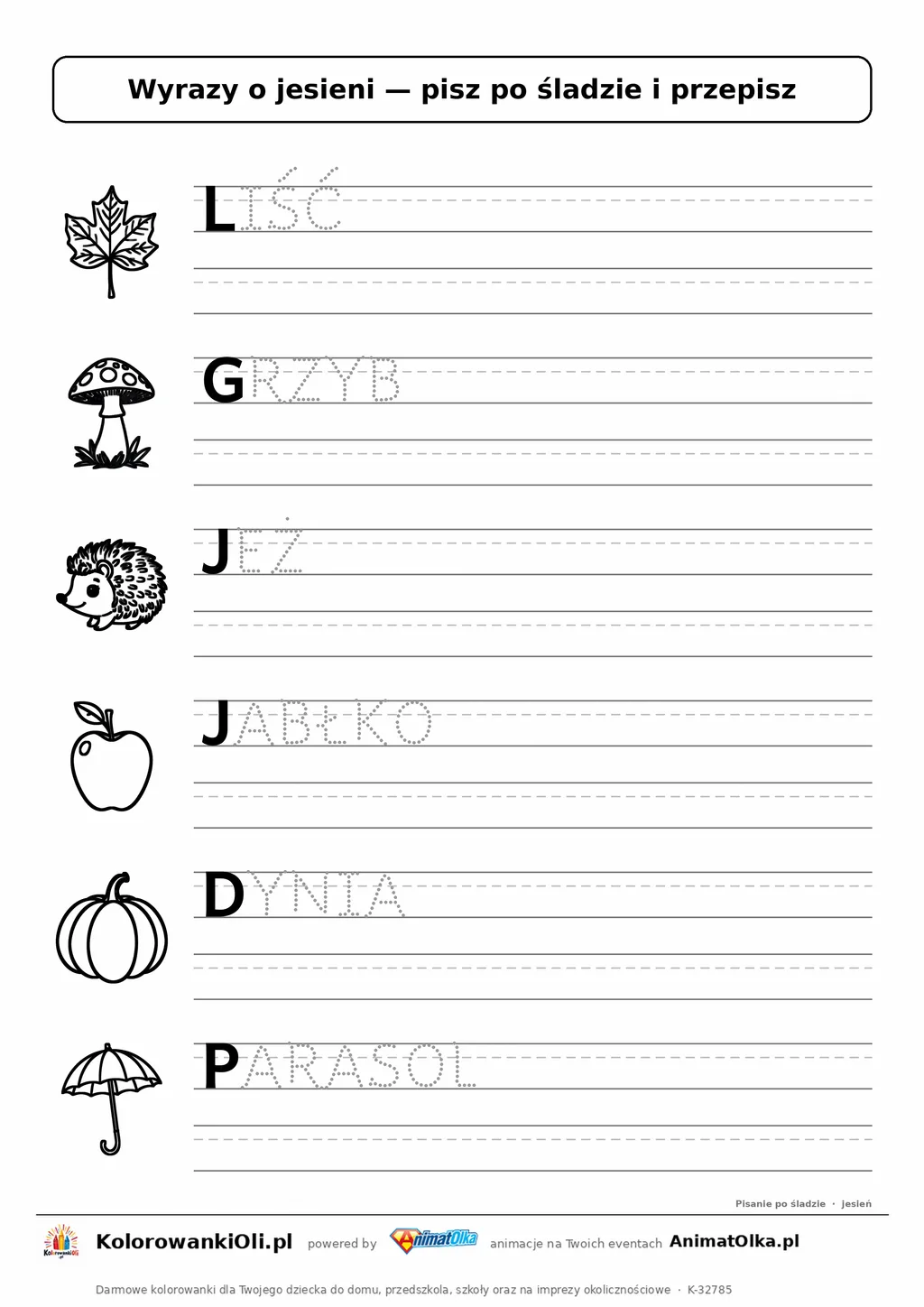 Wyrazy po śladzie wielkimi literami o jesieni: LIŚĆ, GRZYB, JEŻ — karta do druku z obrazkami