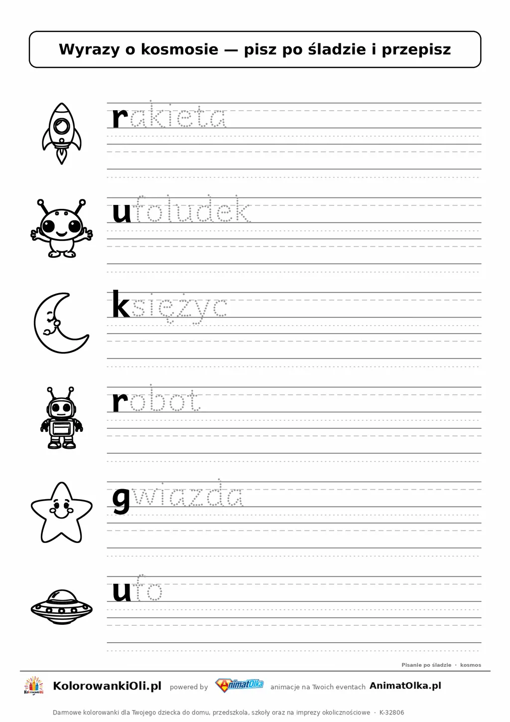 Wyrazy po śladzie małymi literami o kosmosie: rakieta, ufoludek, księżyc — karta do druku z obrazkami