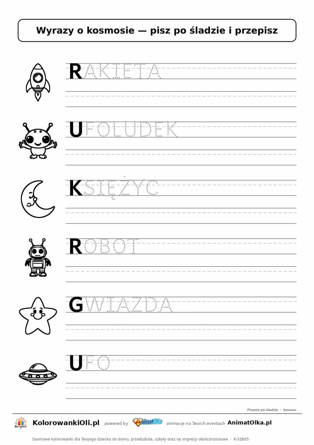 Wyrazy po śladzie wielkimi literami o kosmosie: RAKIETA, UFOLUDEK, KSIĘŻYC — karta do druku z obrazkami