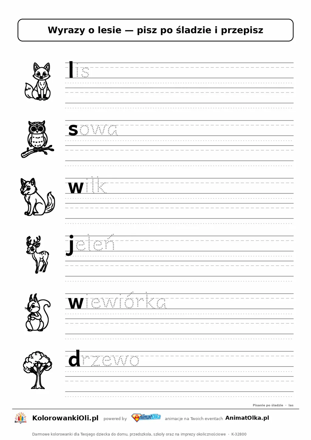 Wyrazy po śladzie małymi literami o lesie: lis, sowa, wilk — karta do druku z obrazkami