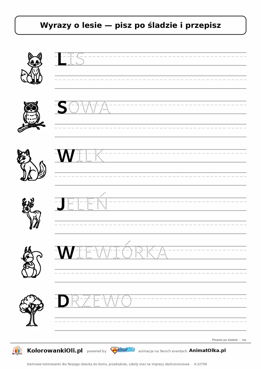 Wyrazy po śladzie wielkimi literami o lesie: LIS, SOWA, WILK — karta do druku z obrazkami