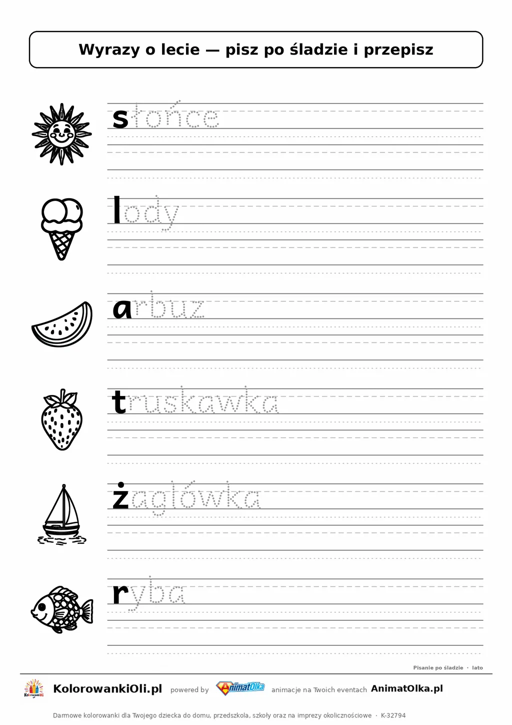 Wyrazy po śladzie małymi literami o lecie: słońce, lody, arbuz — karta do druku z obrazkami