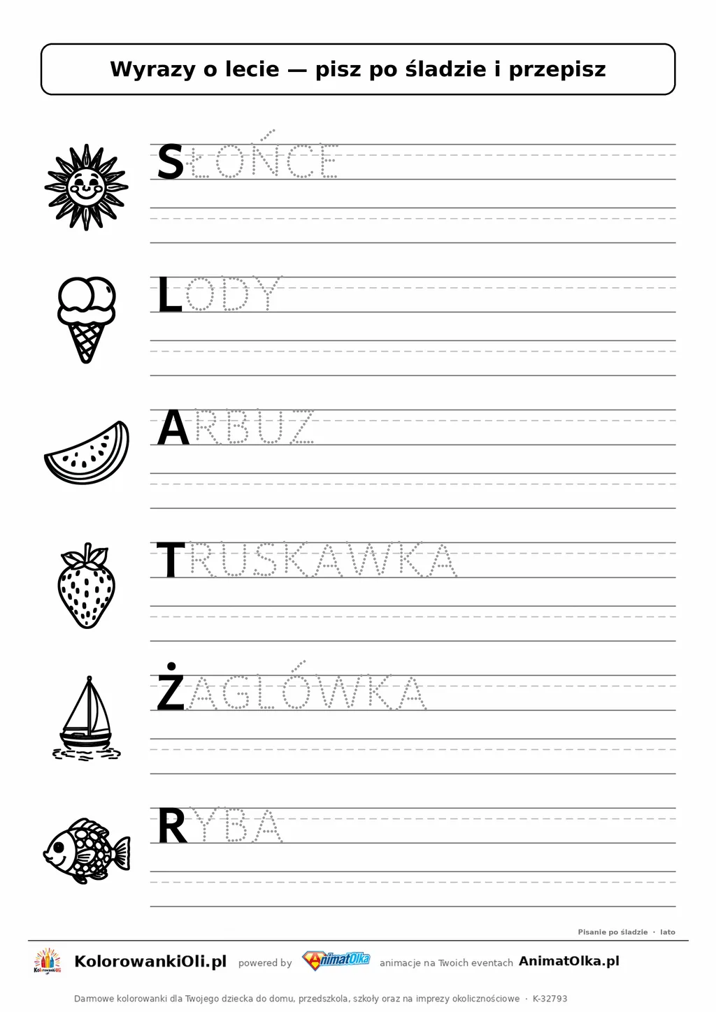 Wyrazy po śladzie wielkimi literami o lecie: SŁOŃCE, LODY, ARBUZ — karta do druku z obrazkami
