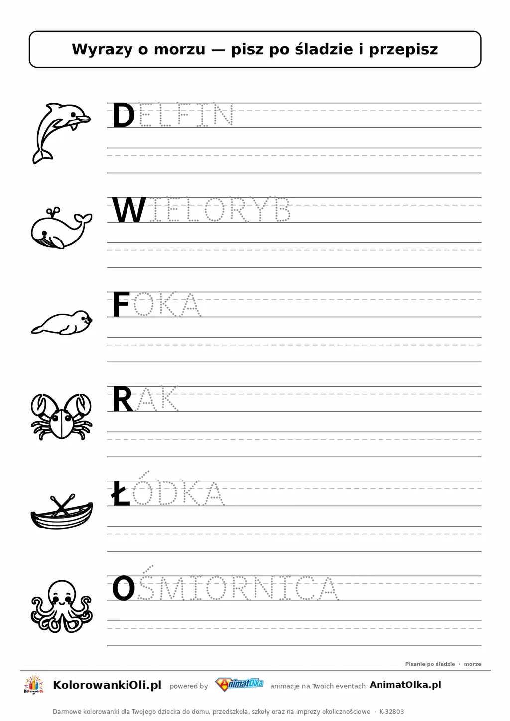Wyrazy po śladzie wielkimi literami o morzu: DELFIN, WIELORYB, FOKA — karta do druku z obrazkami