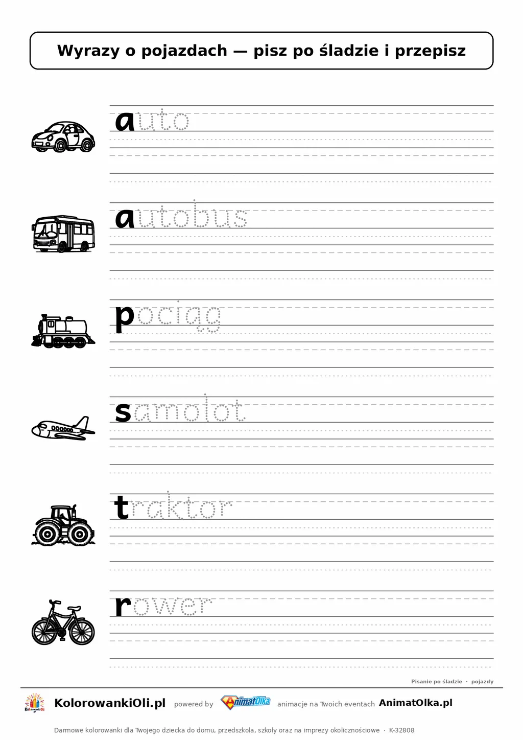 Wyrazy po śladzie małymi literami o pojazdach: auto, autobus, pociąg — karta do druku z obrazkami