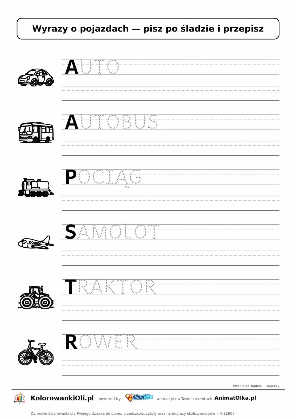 Wyrazy po śladzie wielkimi literami o pojazdach: AUTO, AUTOBUS, POCIĄG — karta do druku z obrazkami