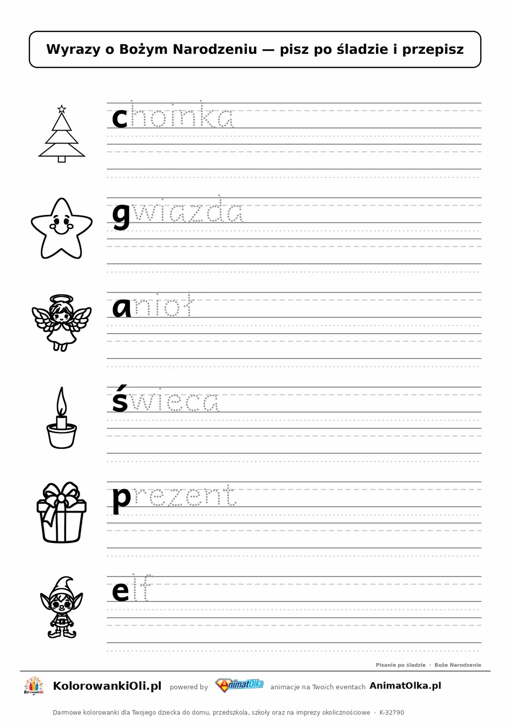 Wyrazy po śladzie małymi literami o świętach: choinka, gwiazda, anioł — karta do druku z obrazkami