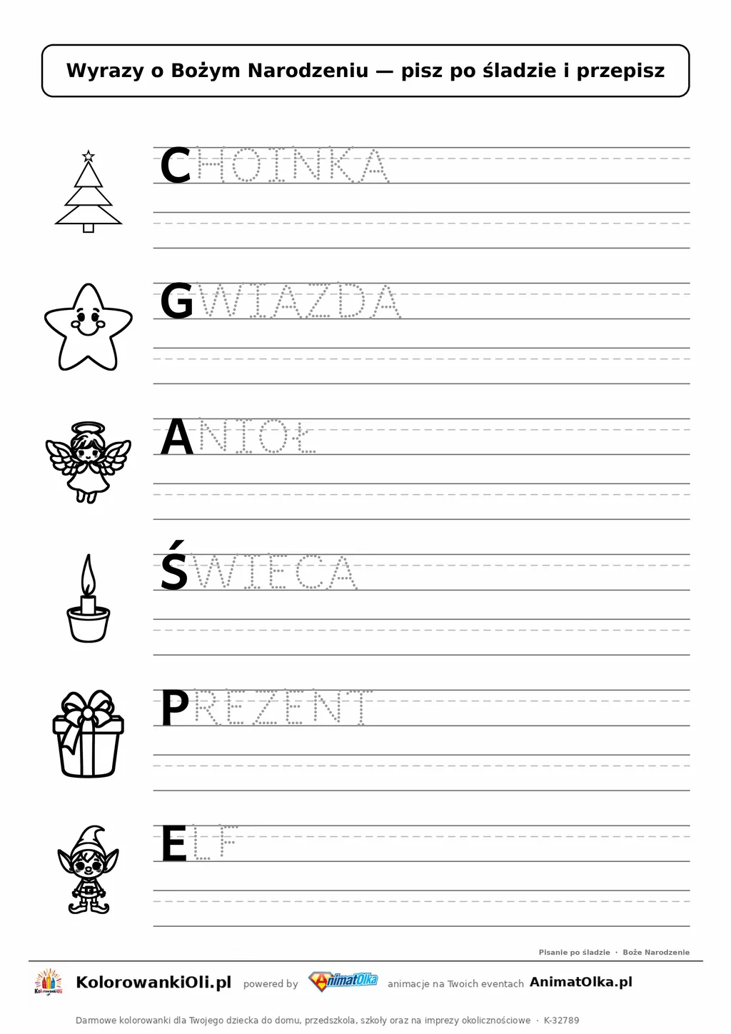 Wyrazy po śladzie wielkimi literami o świętach: CHOINKA, GWIAZDA, ANIOŁ — karta do druku z obrazkami