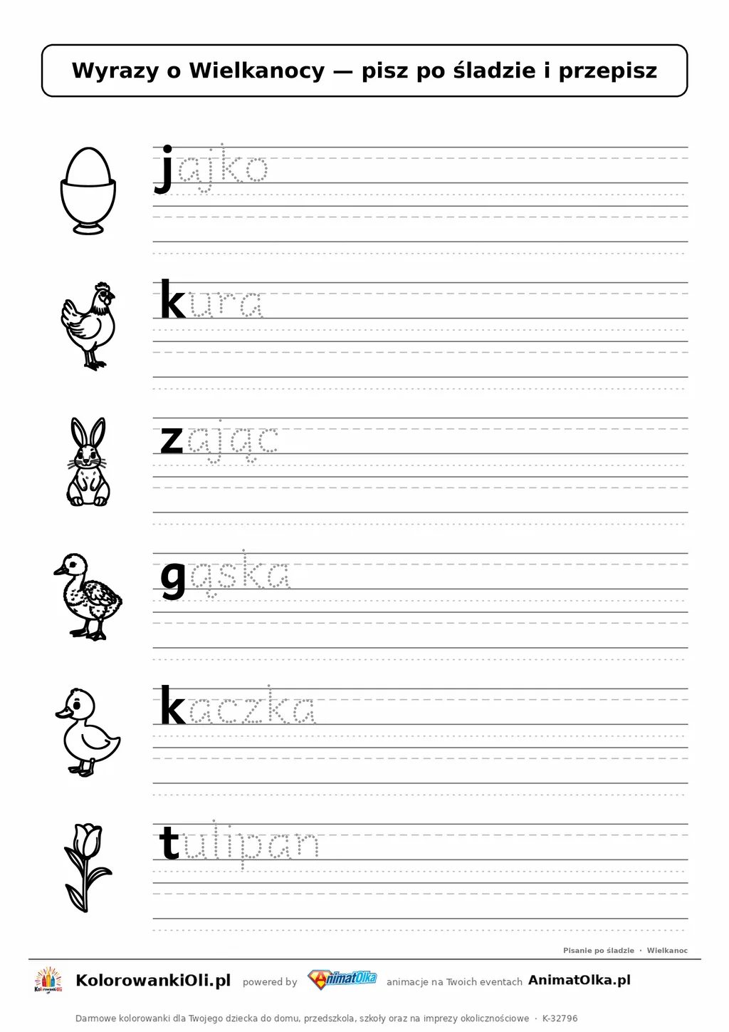 Wyrazy po śladzie małymi literami o Wielkanocy: jajko, kura, zając — karta do druku z obrazkami