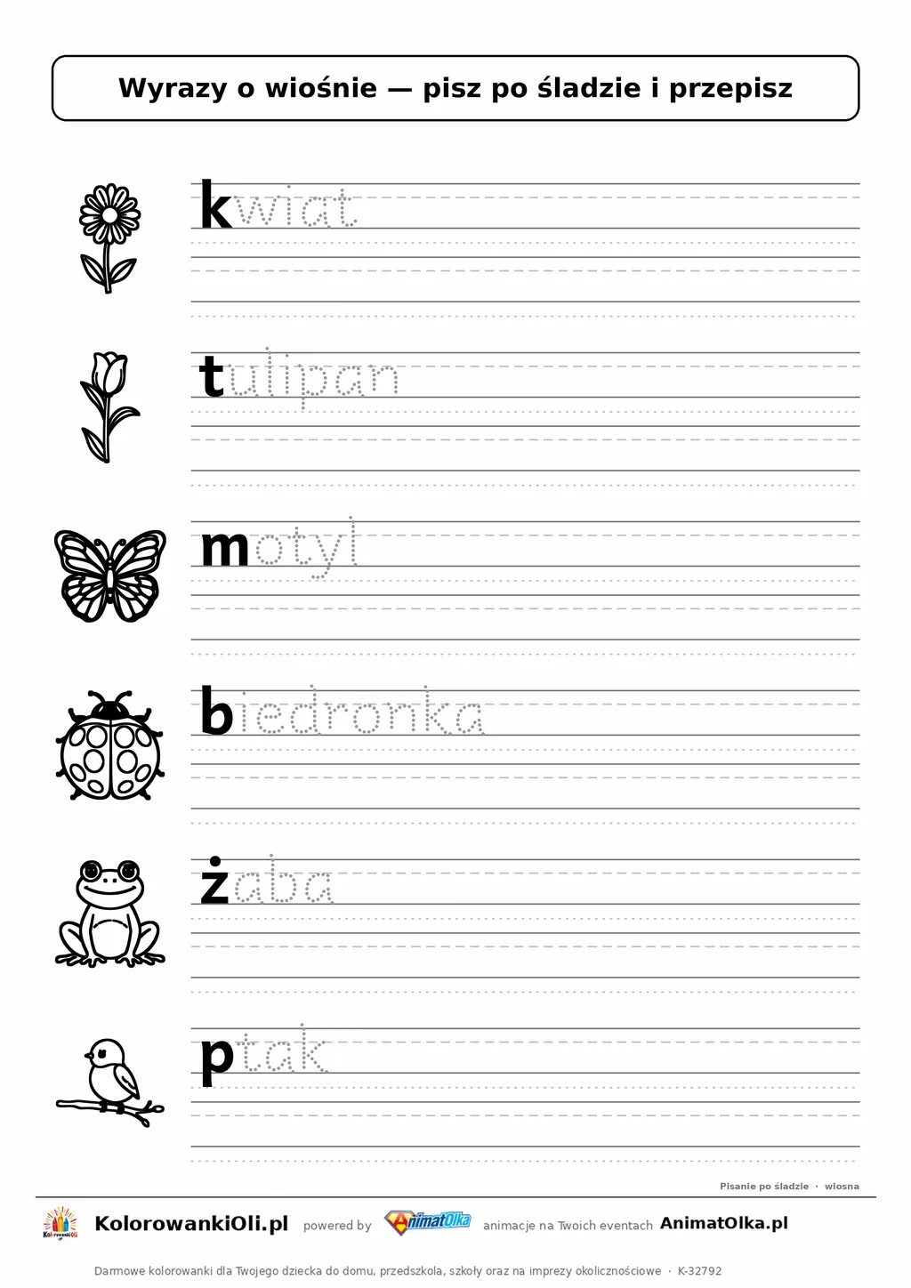 Wyrazy po śladzie małymi literami o wiośnie: kwiat, tulipan, motyl — karta do druku z obrazkami