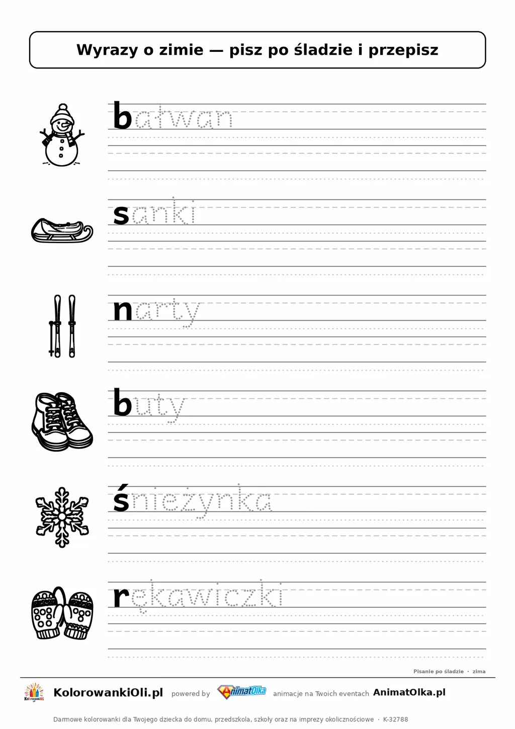 Wyrazy po śladzie małymi literami o zimie: bałwan, sanki, narty — karta do druku z obrazkami