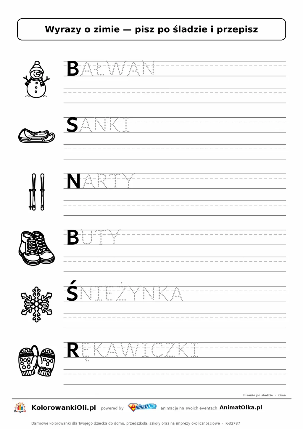 Wyrazy po śladzie wielkimi literami o zimie: BAŁWAN, SANKI, NARTY — karta do druku z obrazkami