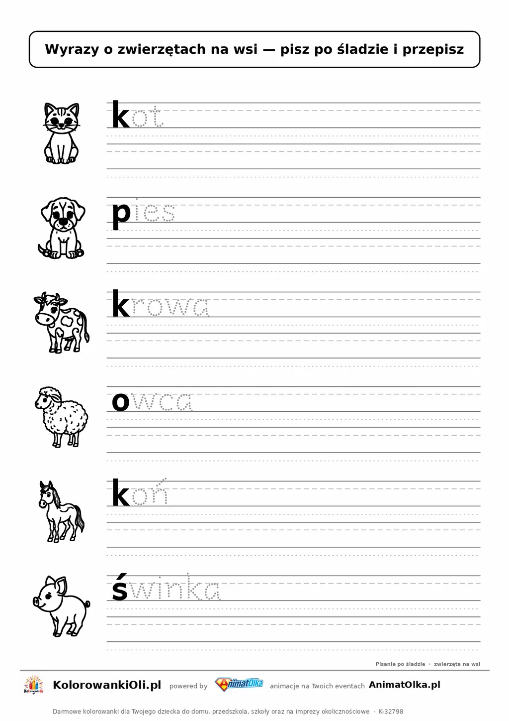 Wyrazy po śladzie małymi literami o zwierzętach: kot, pies, krowa — karta do druku z obrazkami