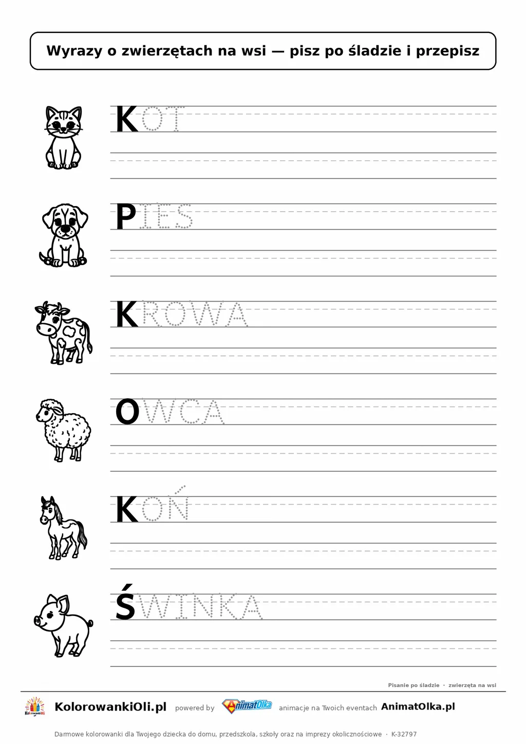 Wyrazy po śladzie wielkimi literami o zwierzętach: KOT, PIES, KROWA — karta do druku z obrazkami