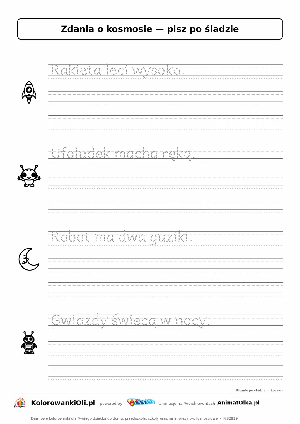 Zdania po śladzie o kosmosie — karta do druku dla klasy 1: „Rakieta leci wysoko.” i 3 inne zdania w liniaturze