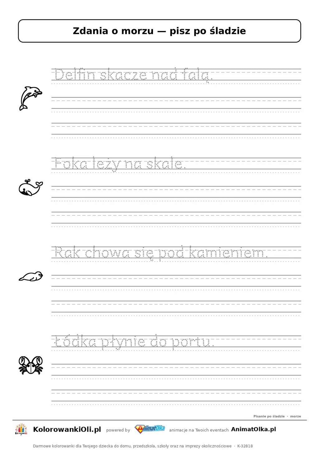Zdania po śladzie o morzu — karta do druku dla klasy 1: „Delfin skacze nad falą.” i 3 inne zdania w liniaturze