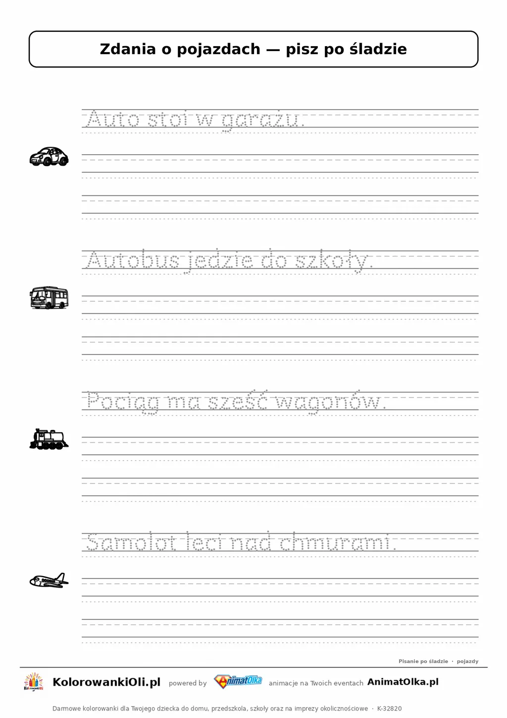 Zdania po śladzie o pojazdach — karta do druku dla klasy 1: „Auto stoi w garażu.” i 3 inne zdania w liniaturze