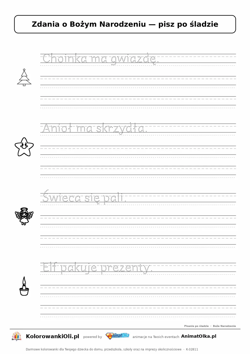 Zdania po śladzie o świętach — karta do druku dla klasy 1: „Choinka ma gwiazdę.” i 3 inne zdania w liniaturze