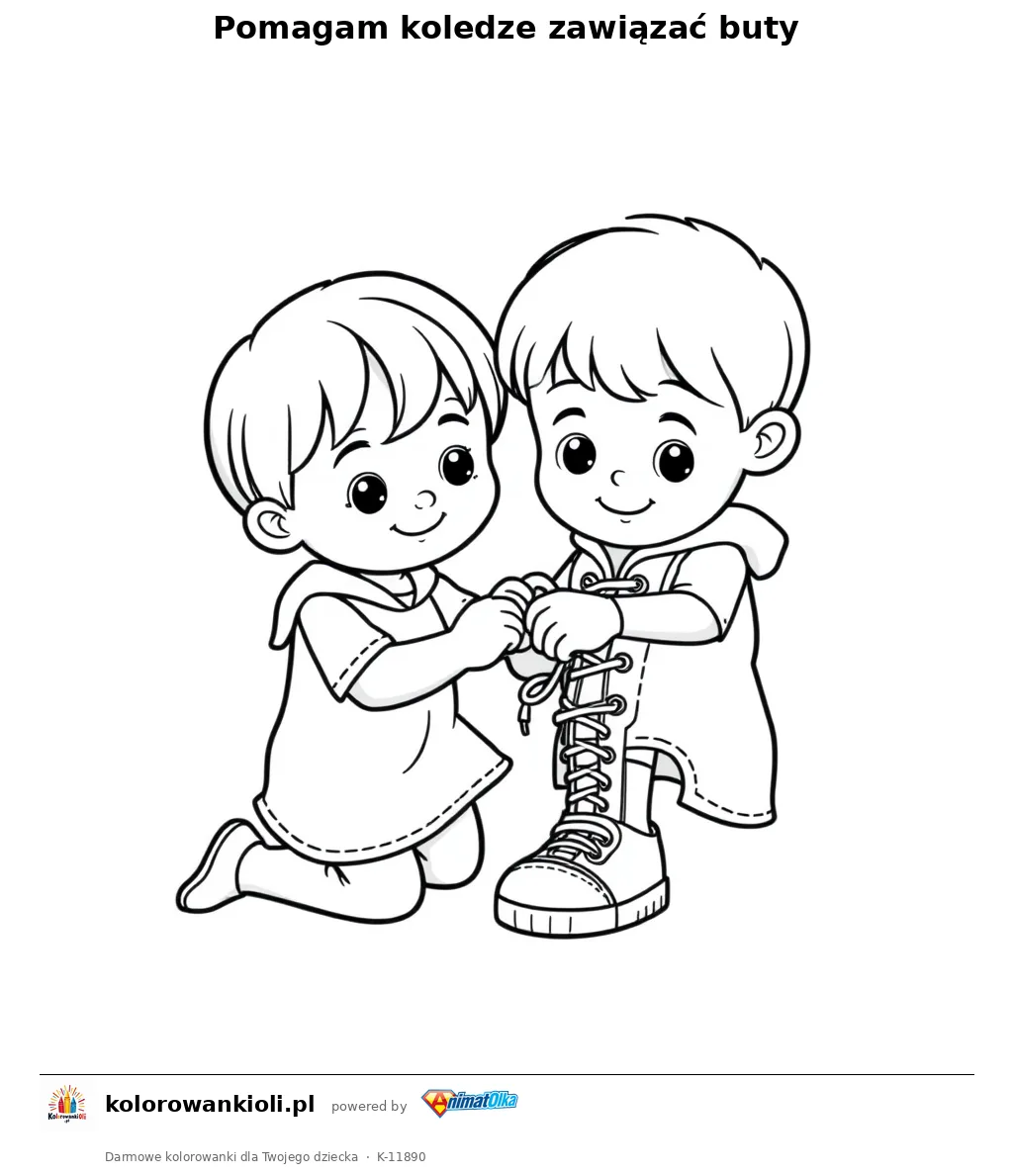Pomagam koledze zawiazac buty — kolorowanka do wydruku dla dzieci
