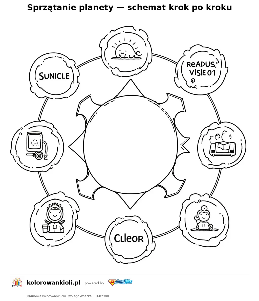 Sprzątanie planety — schemat krok po kroku — kolorowanka do wydruku dla dzieci