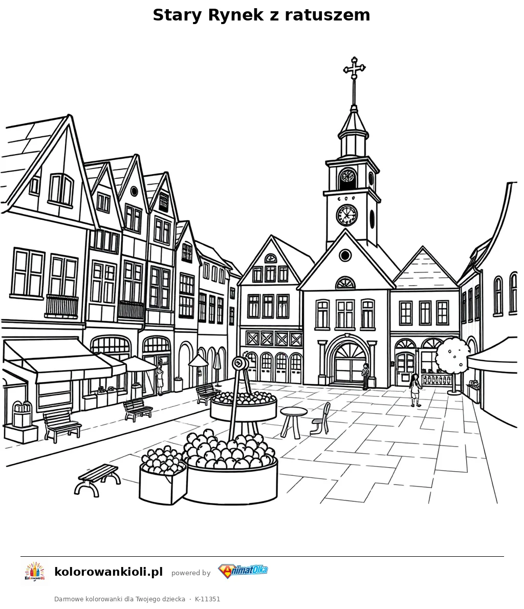 Stary Rynek z ratuszem — kolorowanka do wydruku dla dzieci