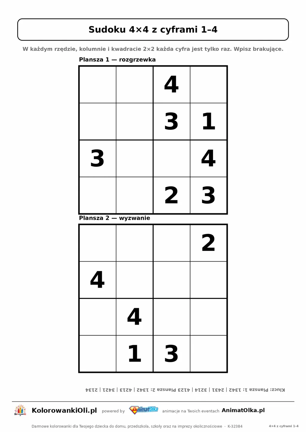 Sudoku 4×4 z cyframi 1–4 do wpisania ołówkiem — dwie plansze o rosnącej trudności na jednej kartce A4, z kluczem