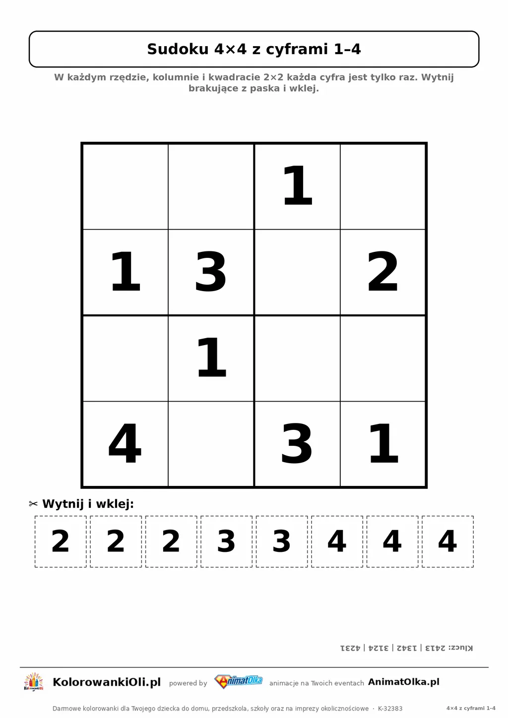Sudoku 4×4 z cyframi od 1 do 4 dla przedszkolaków — kafelki z cyframi do wycięcia i wklejenia, karta A4 z kluczem