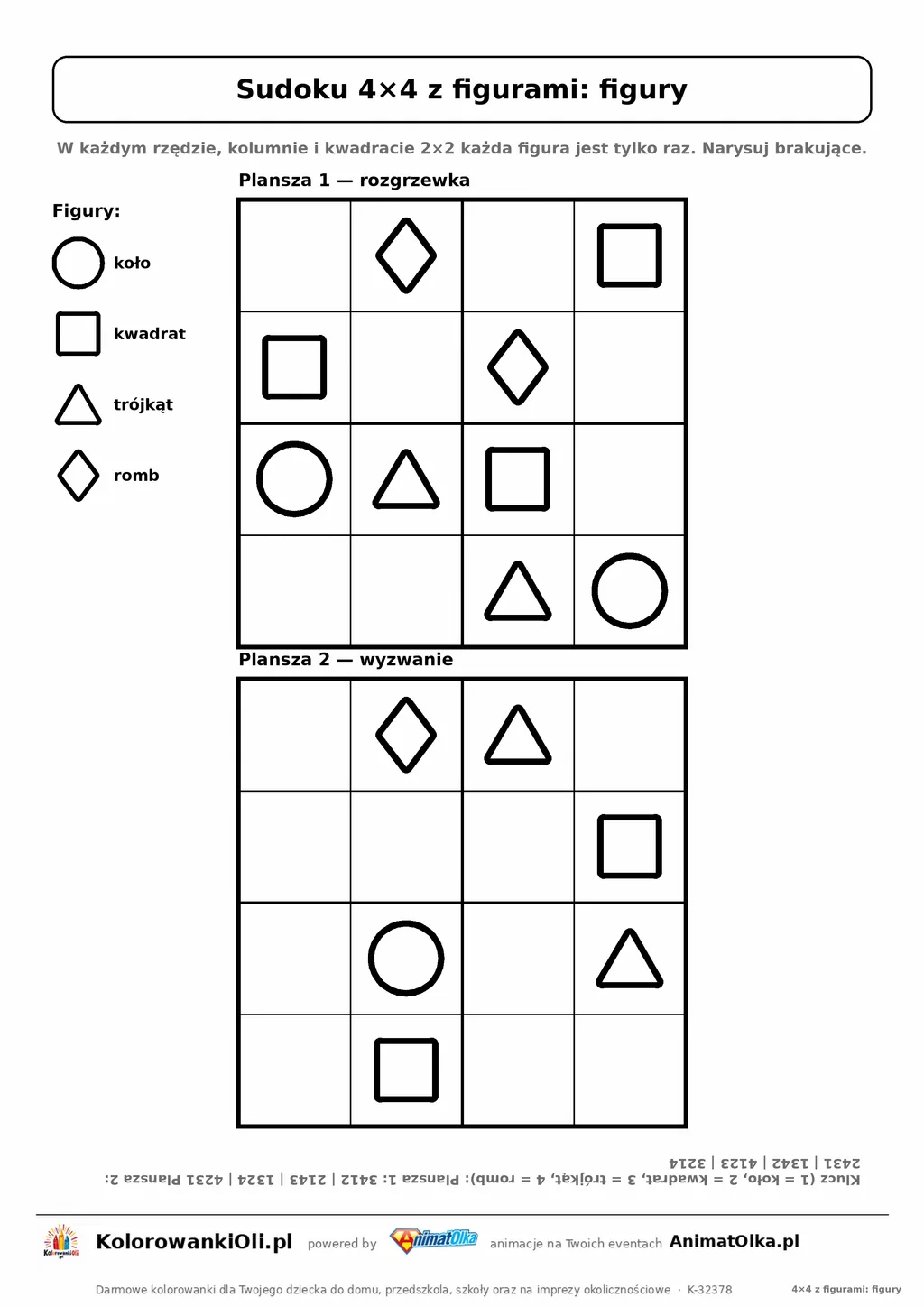 Sudoku 4×4 z figurami (figury) do narysowania — dwie plansze na kartce A4 z kluczem, 5–7 lat
