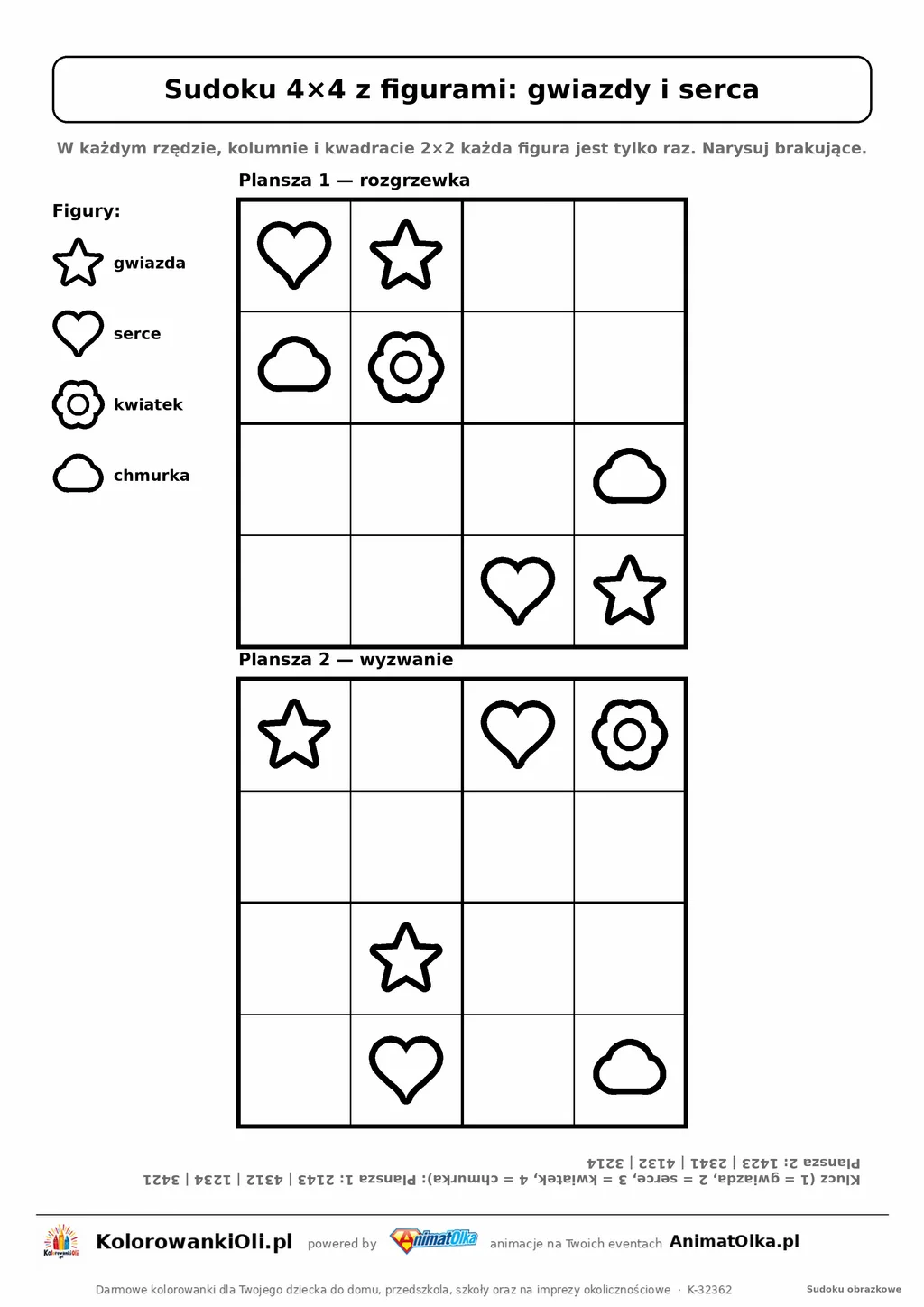 Sudoku 4×4 z figurami (gwiazdy i serca) do narysowania — dwie plansze na kartce A4 z kluczem, 5–7 lat