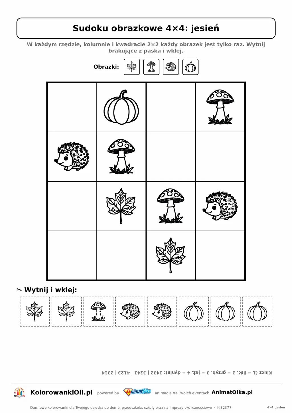 Sudoku obrazkowe 4×4 z motywem jesień — karta pracy do druku z kafelkami do wycięcia i kluczem, 4–6 lat