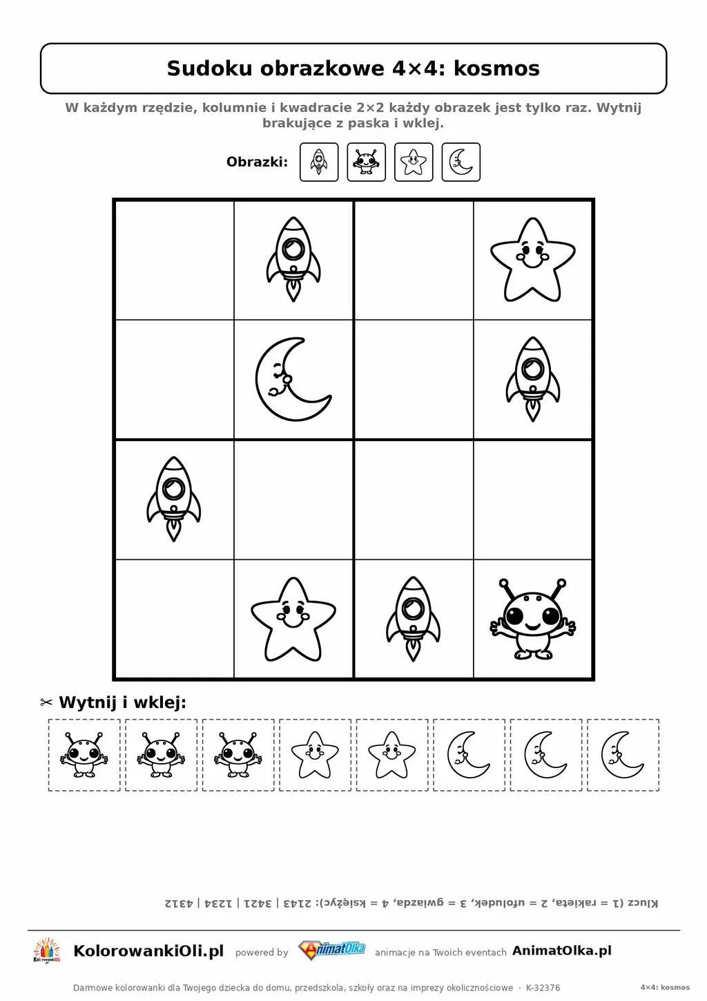 Sudoku obrazkowe 4×4 z motywem kosmos — karta pracy do druku z kafelkami do wycięcia i kluczem, 4–6 lat